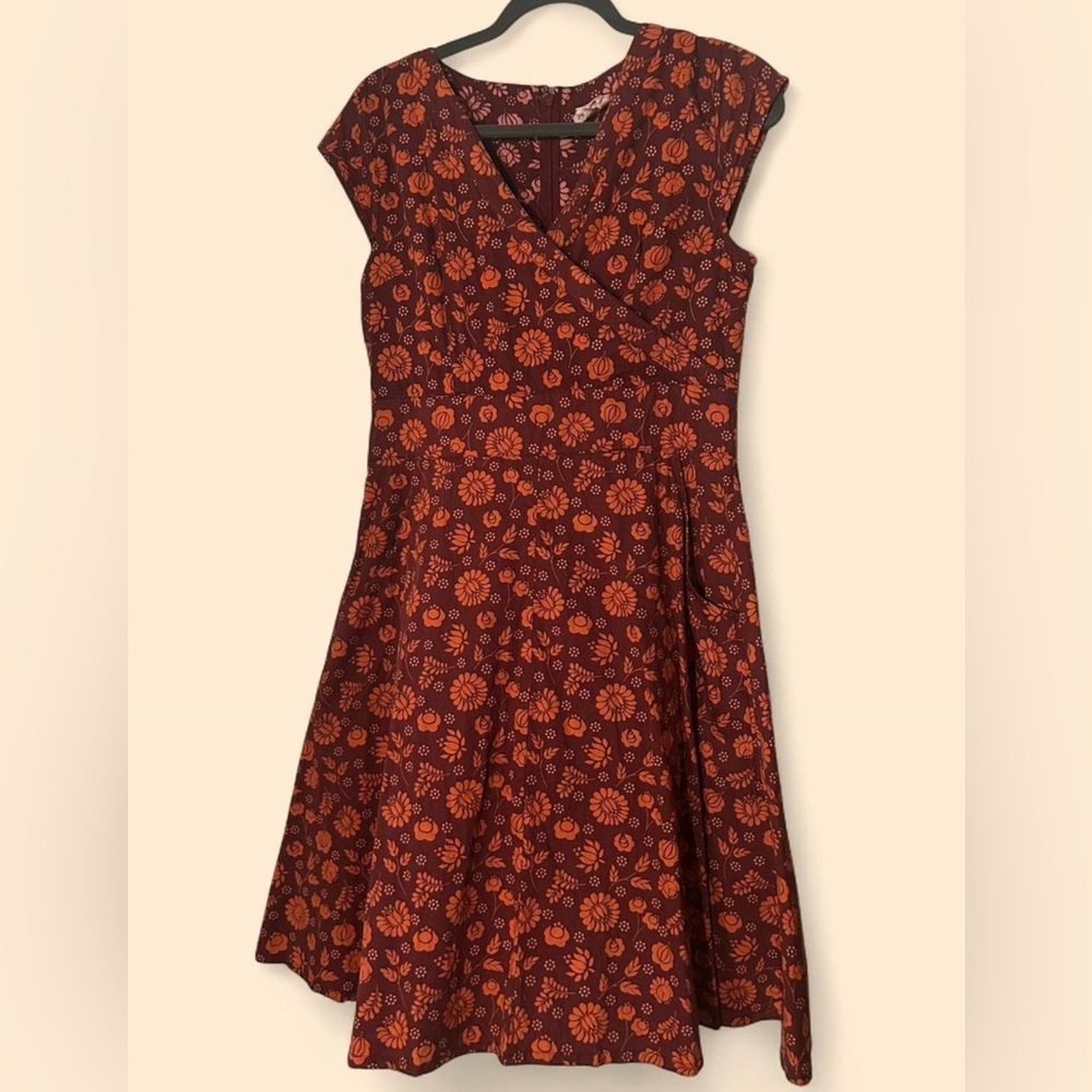 Mata Traders Red and Orange Floral Midi Dress with Pockets